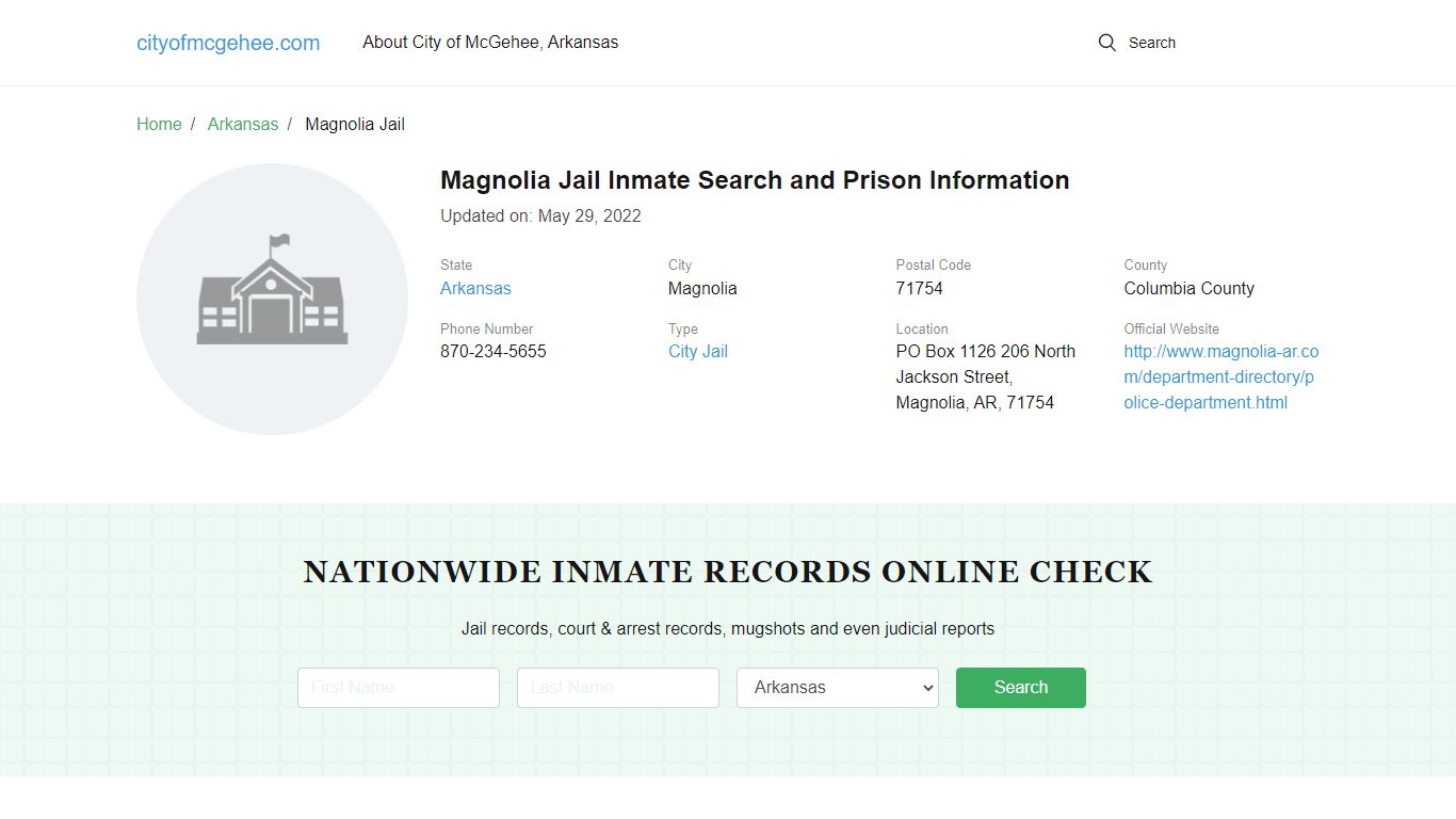 Magnolia Jail Inmate Search and Prison Information - McGehee, Arkansas